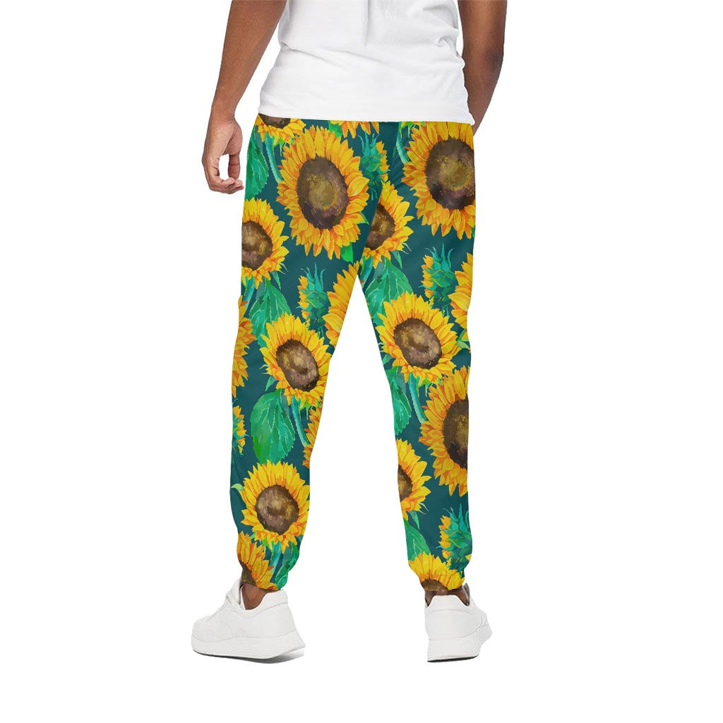 Green Watercolor Sunflower Pattern Print Cotton Pants