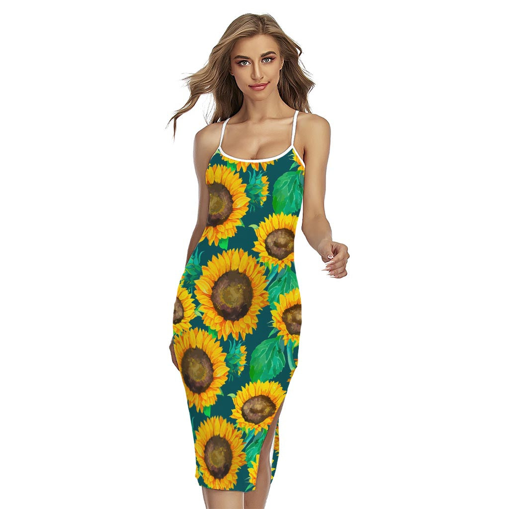Green Watercolor Sunflower Pattern Print Cross Back Cami Dress