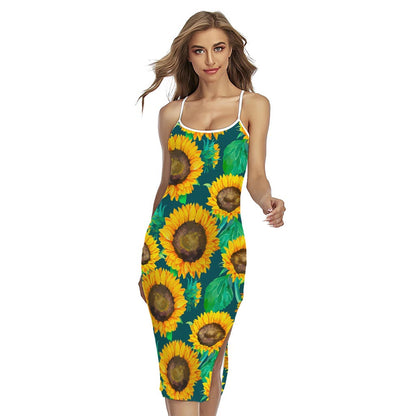 Green Watercolor Sunflower Pattern Print Cross Back Cami Dress