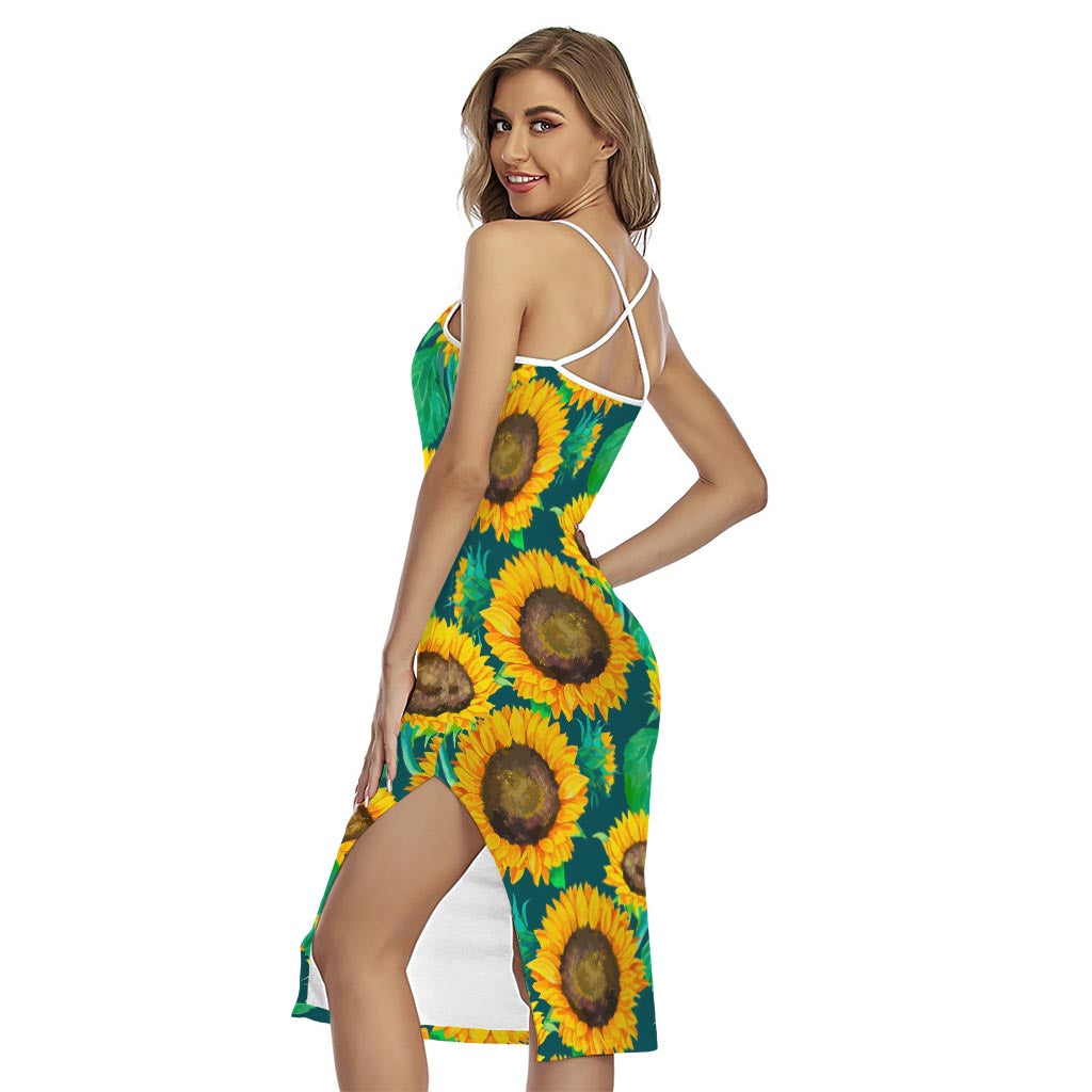 Green Watercolor Sunflower Pattern Print Cross Back Cami Dress