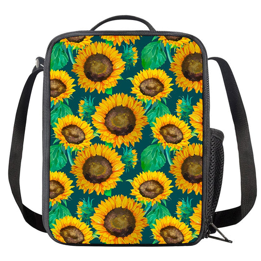 Green Watercolor Sunflower Pattern Print Crossbody Lunch Bag