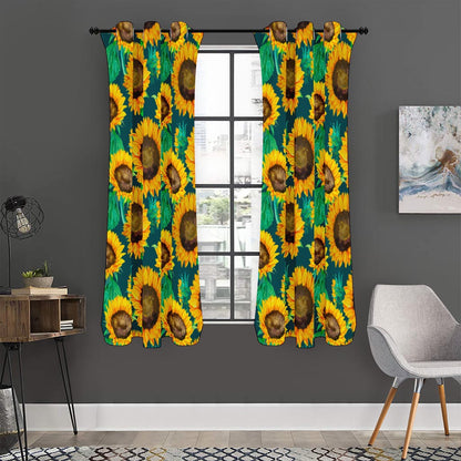 Green Watercolor Sunflower Pattern Print Curtain