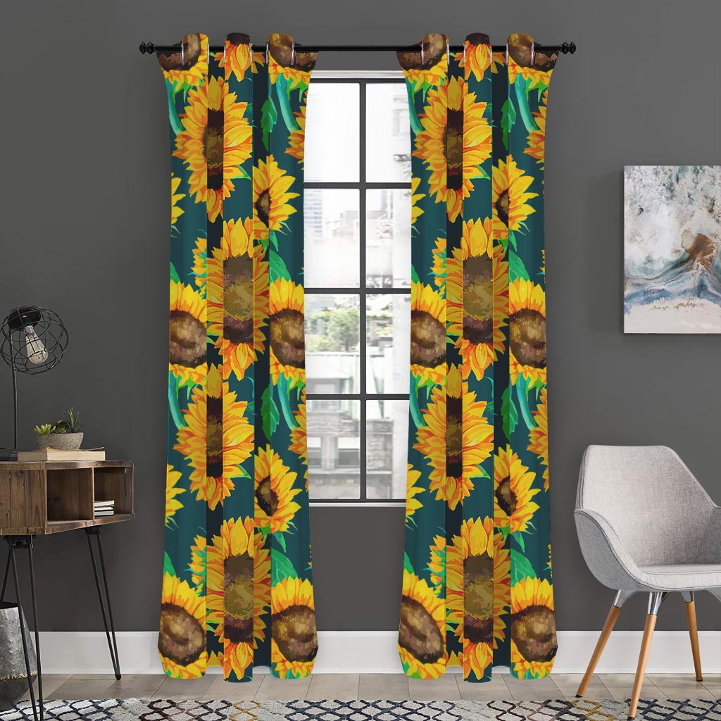 Green Watercolor Sunflower Pattern Print Curtain