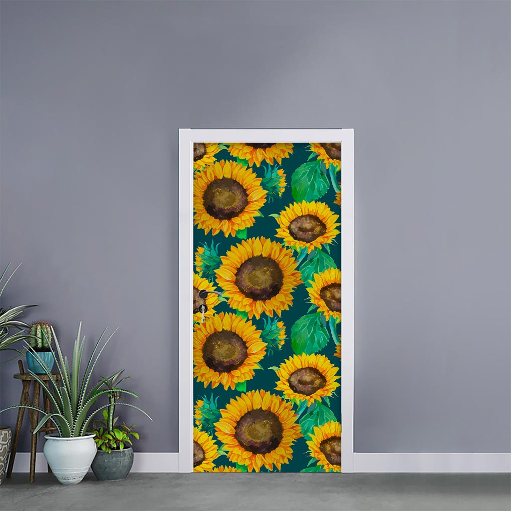 Green Watercolor Sunflower Pattern Print Door Sticker