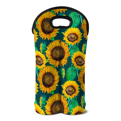 Green Watercolor Sunflower Pattern Print Double Neoprene Wine Tote