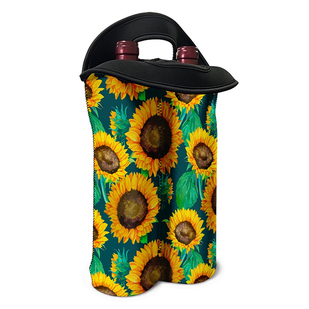 Green Watercolor Sunflower Pattern Print Double Neoprene Wine Tote