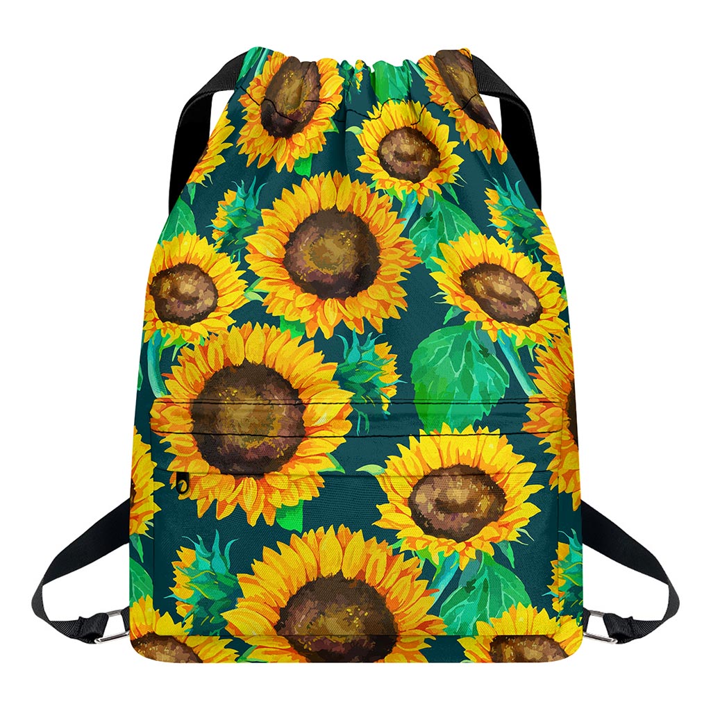 Green Watercolor Sunflower Pattern Print Drawstring Backpack