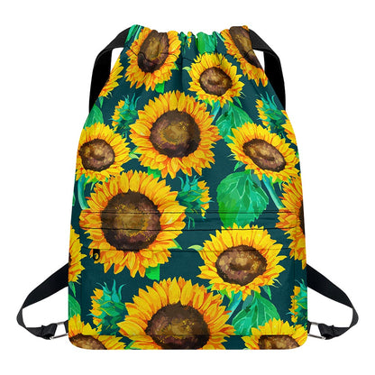 Green Watercolor Sunflower Pattern Print Drawstring Backpack