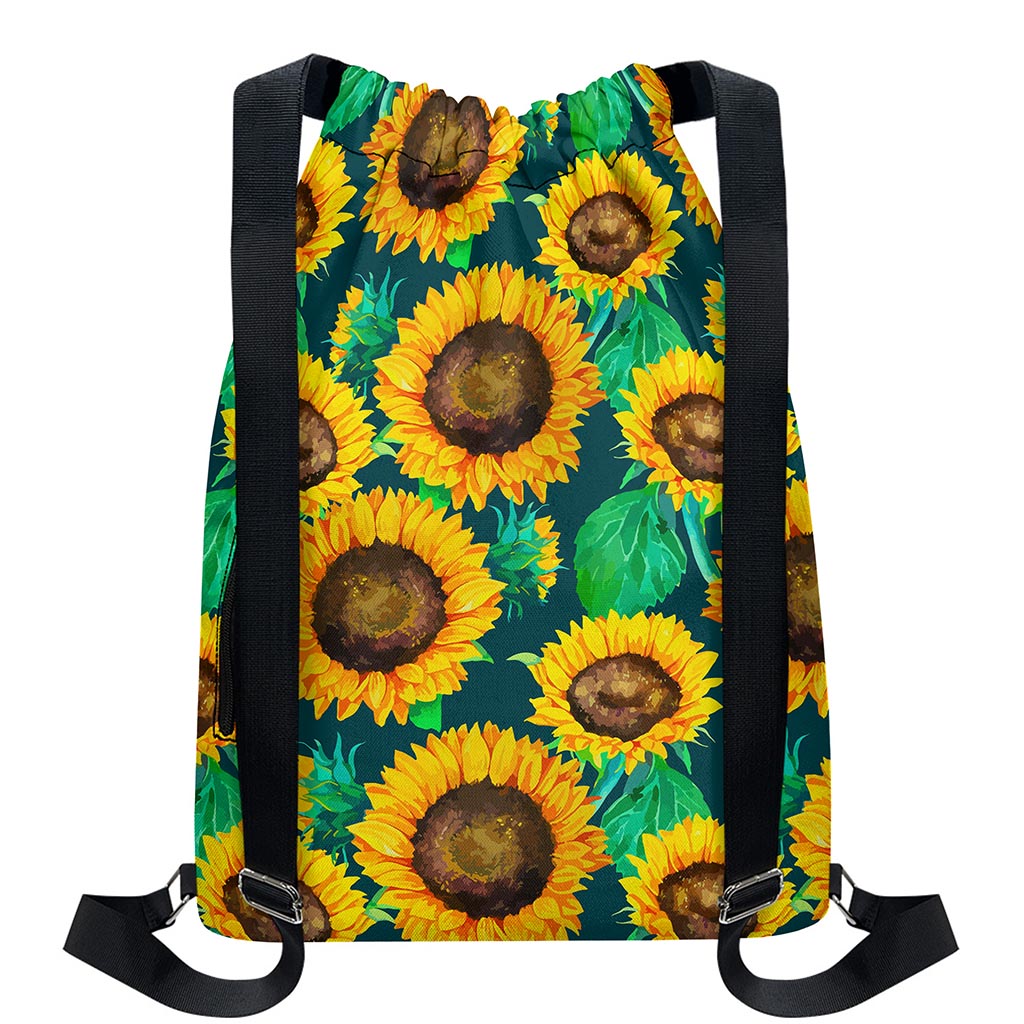 Green Watercolor Sunflower Pattern Print Drawstring Backpack