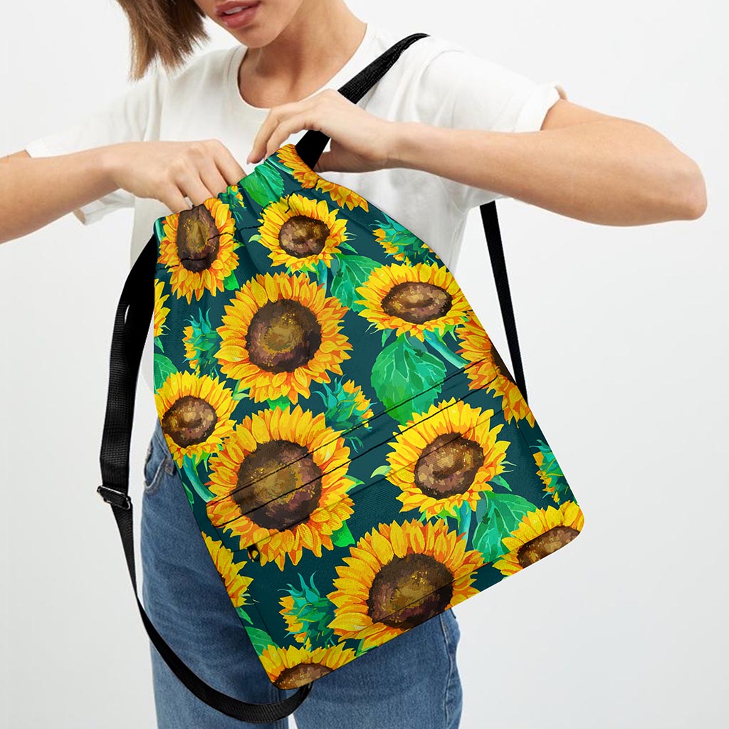 Green Watercolor Sunflower Pattern Print Drawstring Backpack