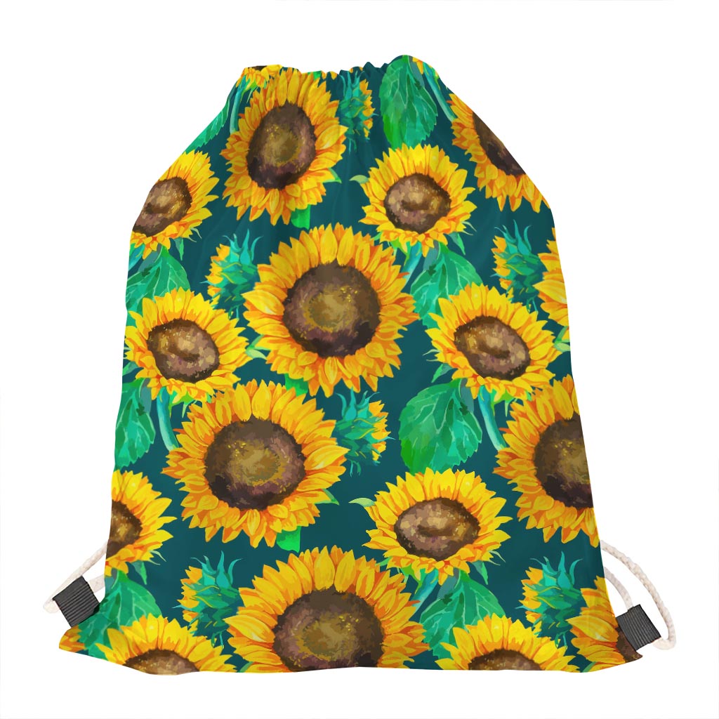 Green Watercolor Sunflower Pattern Print Drawstring Bag