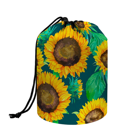 Green Watercolor Sunflower Pattern Print Drawstring Makeup Bag