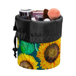 Green Watercolor Sunflower Pattern Print Drawstring Makeup Bag