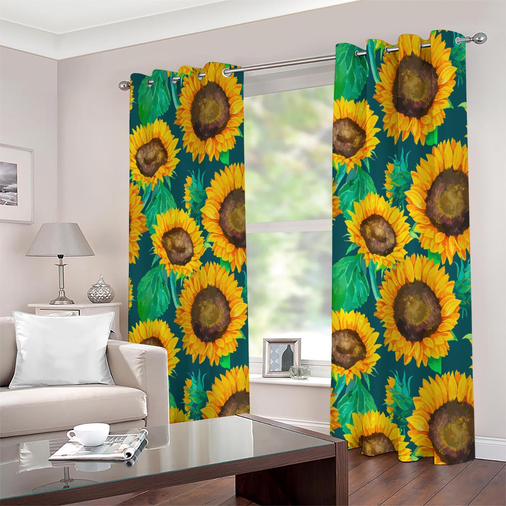 Green Watercolor Sunflower Pattern Print Extra Wide Grommet Curtains