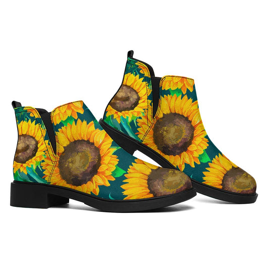 Green Watercolor Sunflower Pattern Print Flat Ankle Boots