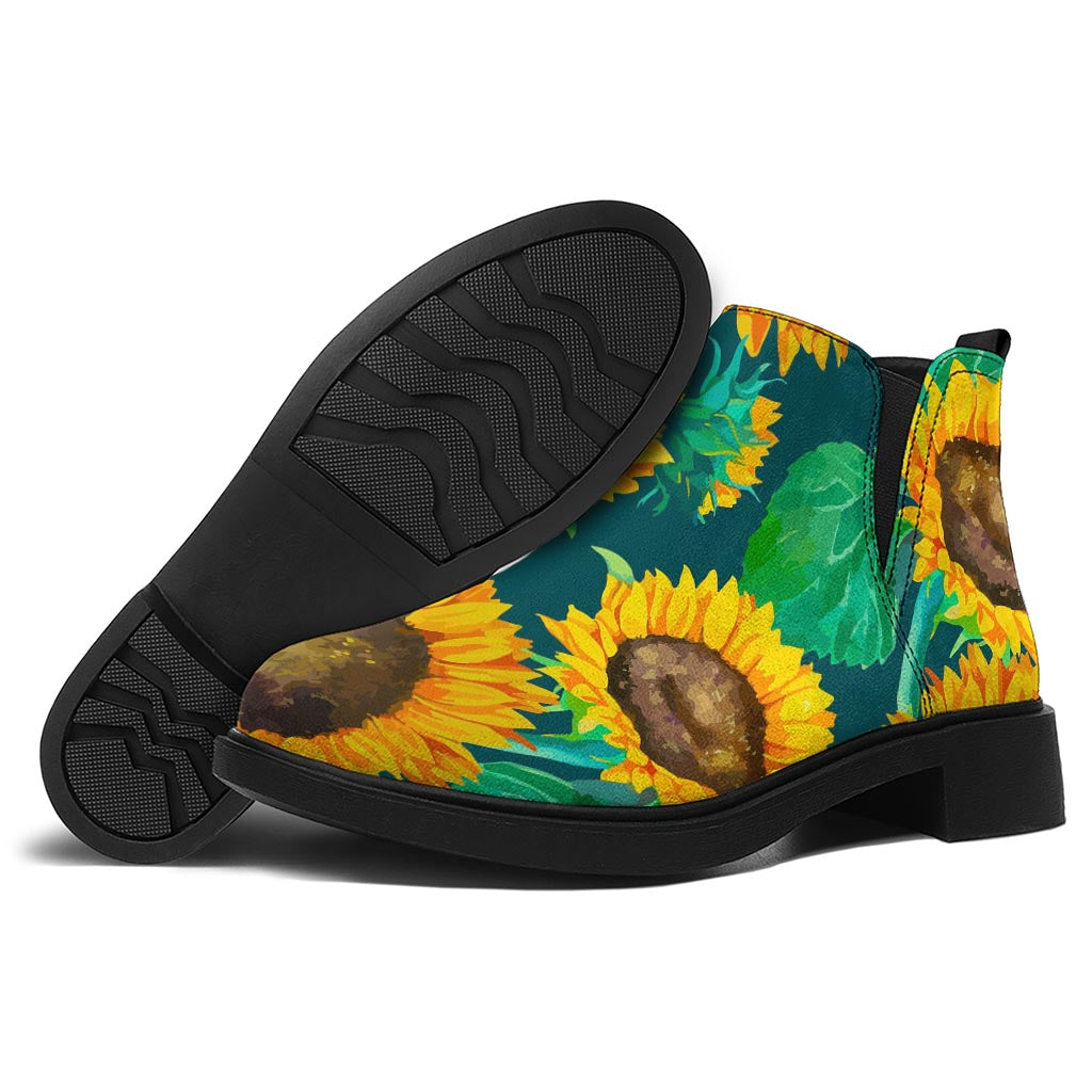 Green Watercolor Sunflower Pattern Print Flat Ankle Boots