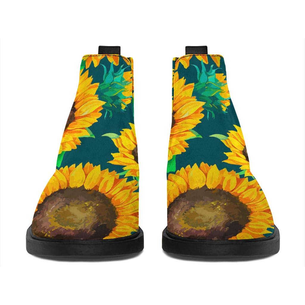 Green Watercolor Sunflower Pattern Print Flat Ankle Boots