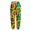 Green Watercolor Sunflower Pattern Print Fleece Lined Knit Pants