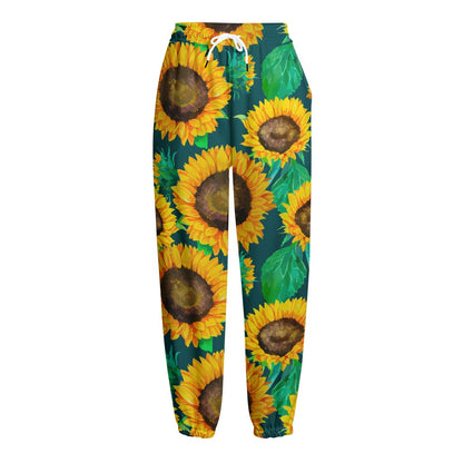 Green Watercolor Sunflower Pattern Print Fleece Lined Knit Pants