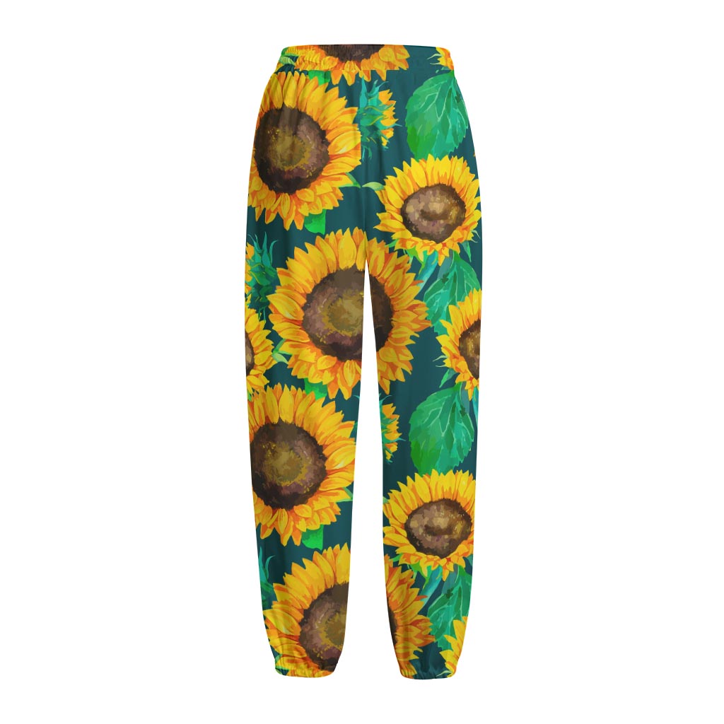 Green Watercolor Sunflower Pattern Print Fleece Lined Knit Pants