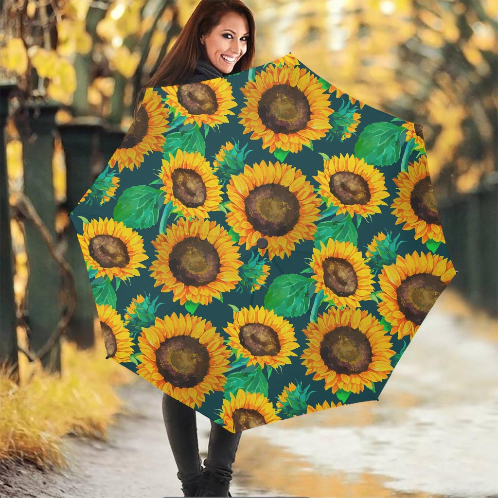 Green Watercolor Sunflower Pattern Print Foldable Umbrella