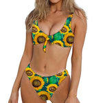 Green Watercolor Sunflower Pattern Print Front Bow Tie Bikini
