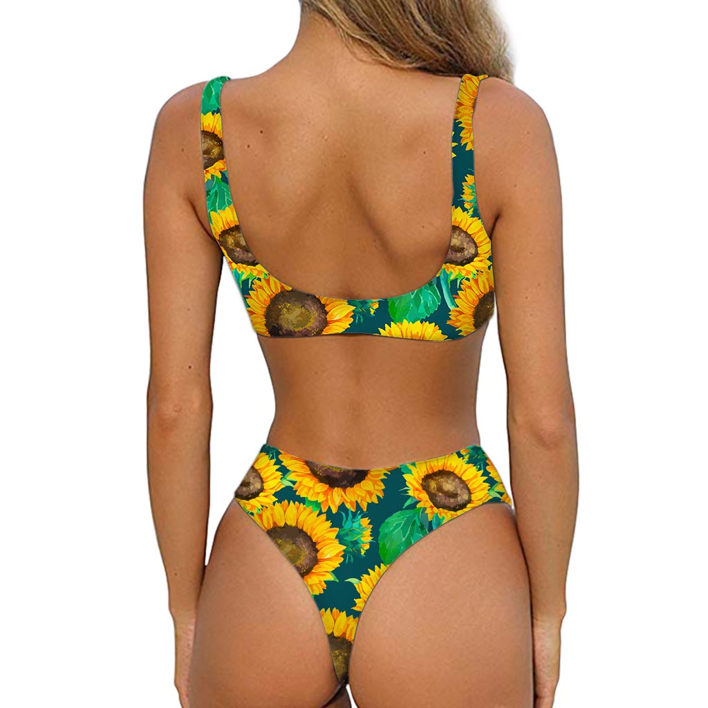 Green Watercolor Sunflower Pattern Print Front Bow Tie Bikini