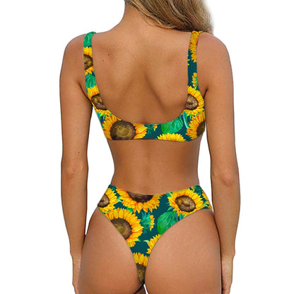 Green Watercolor Sunflower Pattern Print Front Bow Tie Bikini