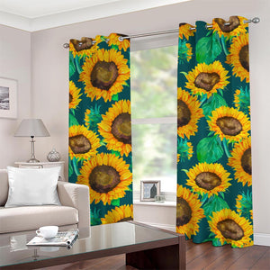 Green Watercolor Sunflower Pattern Print Grommet Curtains