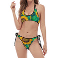 Green Watercolor Sunflower Pattern Print Halter Scoop Tie Side Bikini