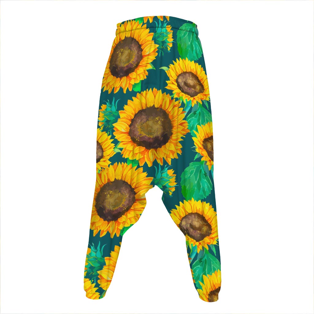 Green Watercolor Sunflower Pattern Print Hammer Pants