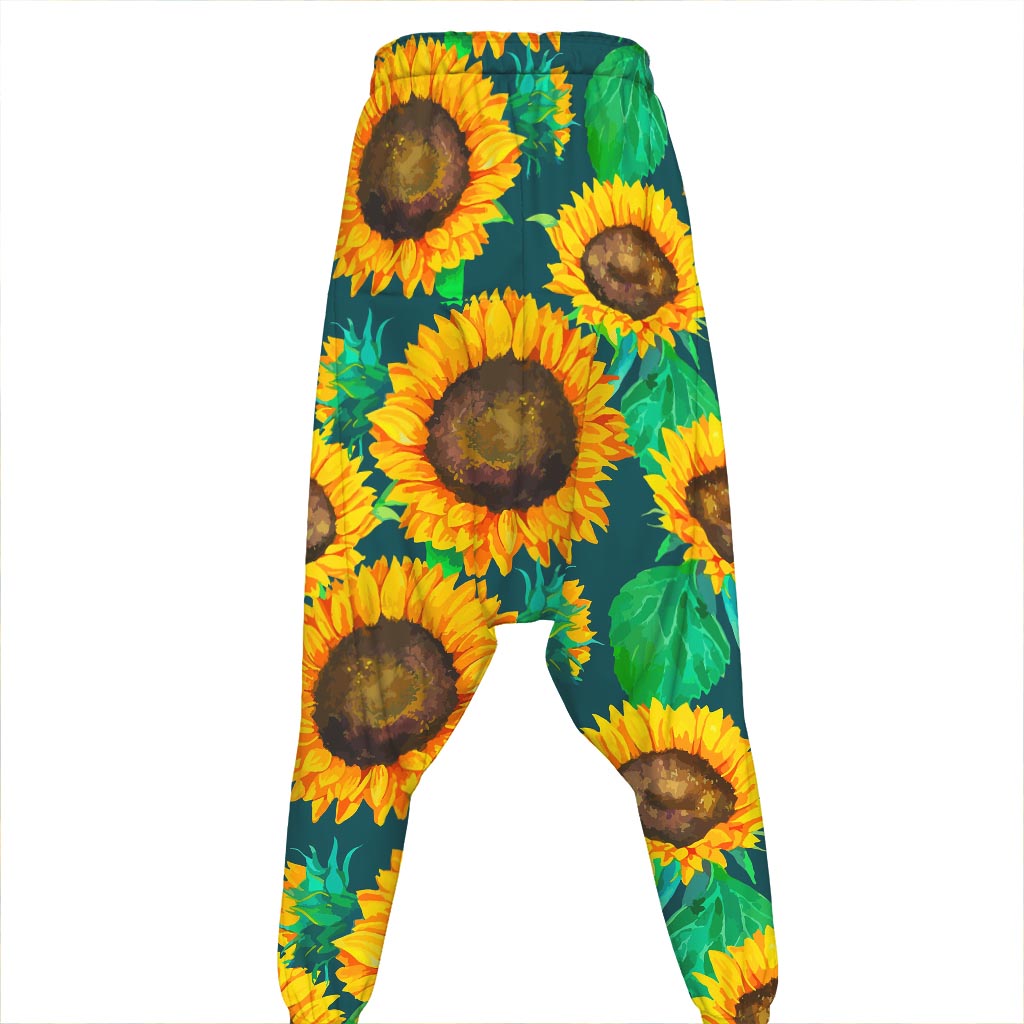 Green Watercolor Sunflower Pattern Print Hammer Pants
