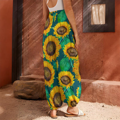 Green Watercolor Sunflower Pattern Print Harem Pants