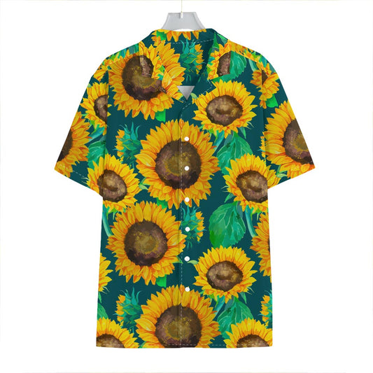 Green Watercolor Sunflower Pattern Print Hawaiian Shirt