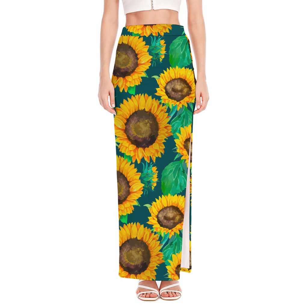 Green Watercolor Sunflower Pattern Print High Slit Maxi Skirt