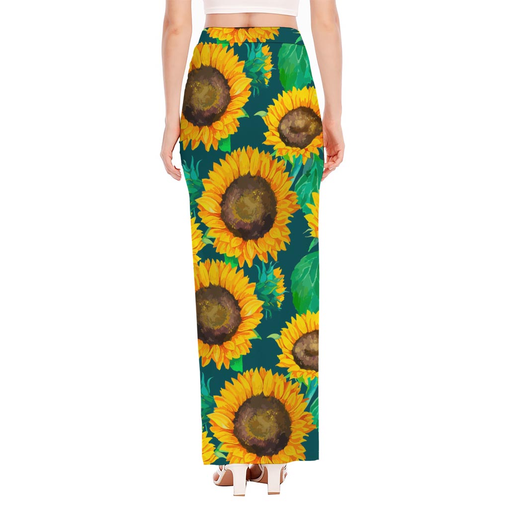 Green Watercolor Sunflower Pattern Print High Slit Maxi Skirt