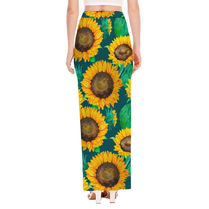 Green Watercolor Sunflower Pattern Print High Slit Maxi Skirt