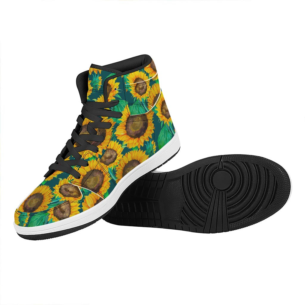 Green Watercolor Sunflower Pattern Print High Top Leather Sneakers