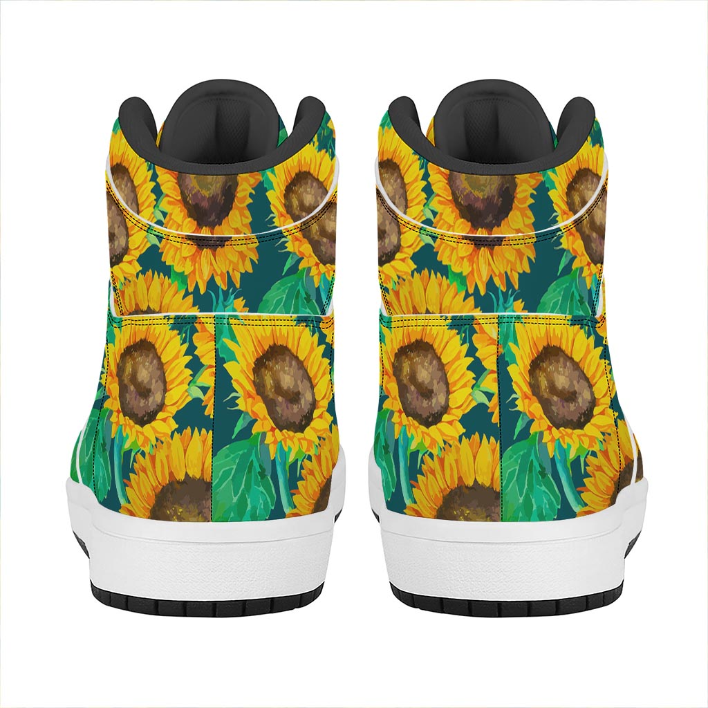 Green Watercolor Sunflower Pattern Print High Top Leather Sneakers