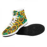 Green Watercolor Sunflower Pattern Print High Top Leather Sneakers