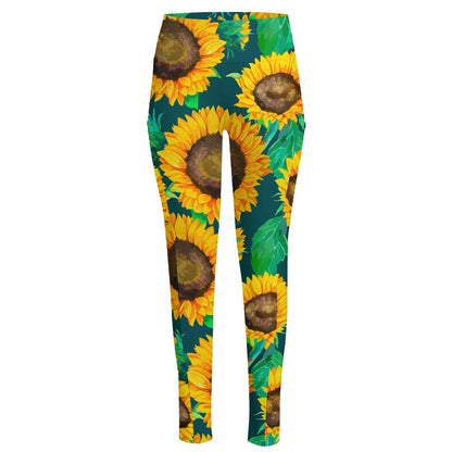 Green Watercolor Sunflower Pattern Print High-Waisted Pocket Leggings