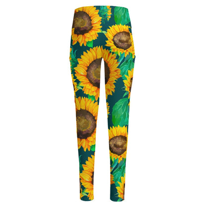 Green Watercolor Sunflower Pattern Print High-Waisted Pocket Leggings