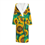 Green Watercolor Sunflower Pattern Print Hooded Bathrobe
