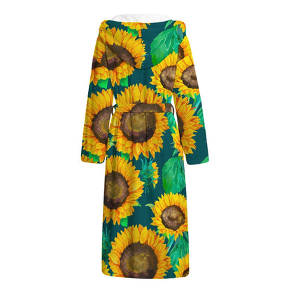 Green Watercolor Sunflower Pattern Print Hooded Bathrobe