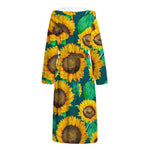 Green Watercolor Sunflower Pattern Print Hooded Bathrobe