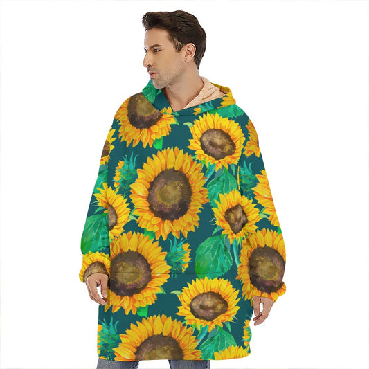 Green Watercolor Sunflower Pattern Print Hoodie Blanket