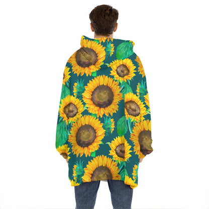 Green Watercolor Sunflower Pattern Print Hoodie Blanket