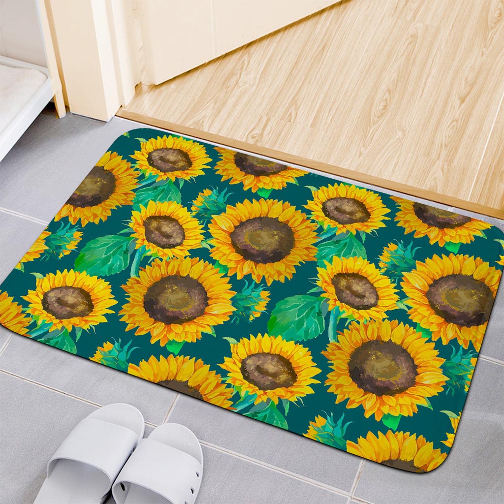 Green Watercolor Sunflower Pattern Print Indoor Door Mat