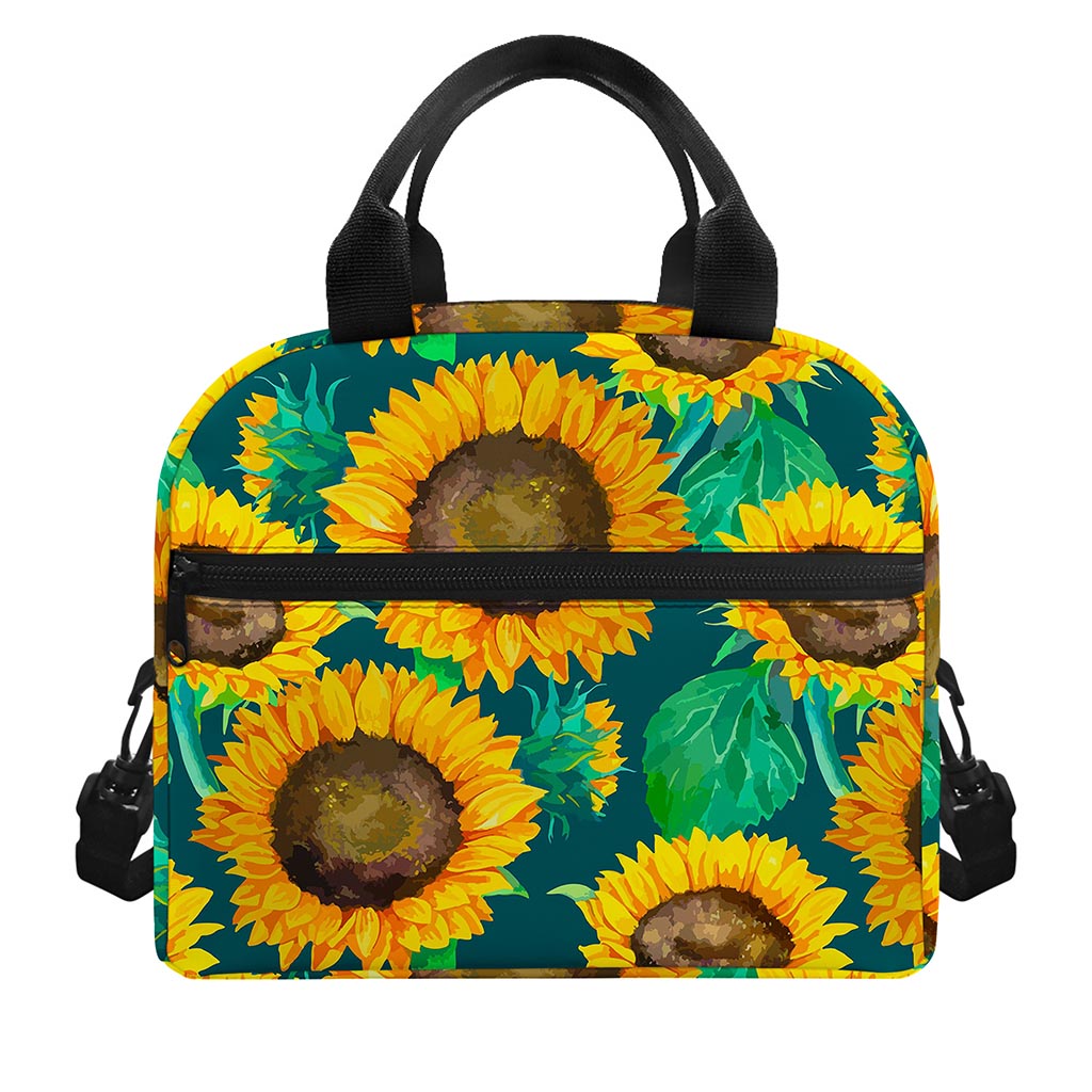Green Watercolor Sunflower Pattern Print Insulated Lunch Bag