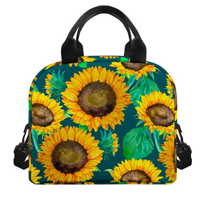 Green Watercolor Sunflower Pattern Print Insulated Lunch Bag